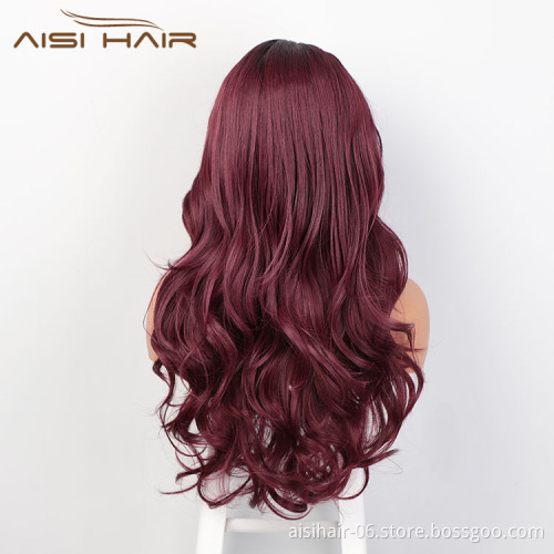 Aisi Hair New Design Long Wavy Ombre Red Wig Body Wave Swiss Lace Wig Cosplay Synthetic Lace Frontal Hair Wigs For Black Women
